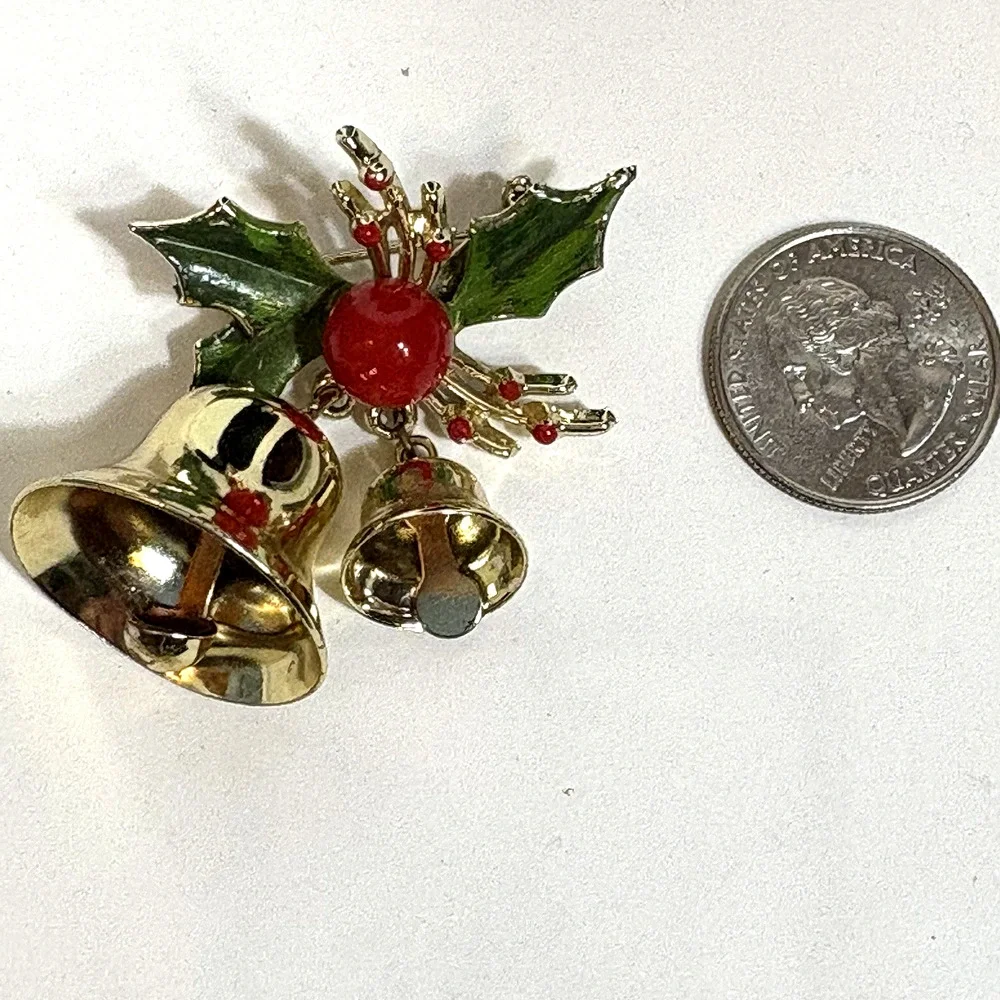 Double Brass Ringing Bells Enameled Holly Brooch Pin Vintage Christmas Holiday